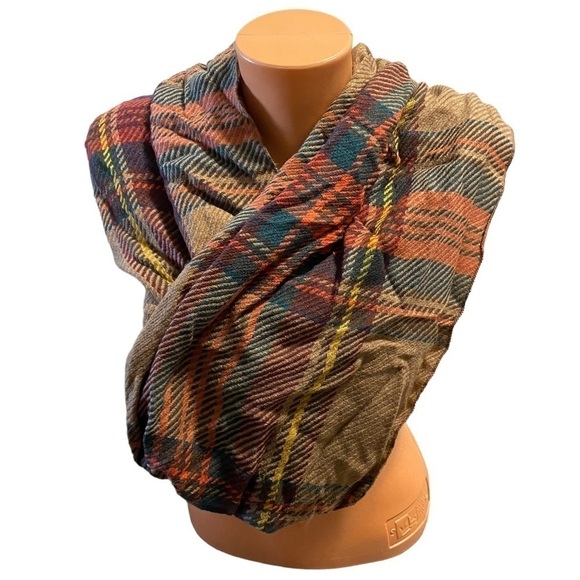 NWT MODENA Airspun Woven Plaid Infinity Loop Scarf Camel Blue Orange Yellow - Picture 2 of 10